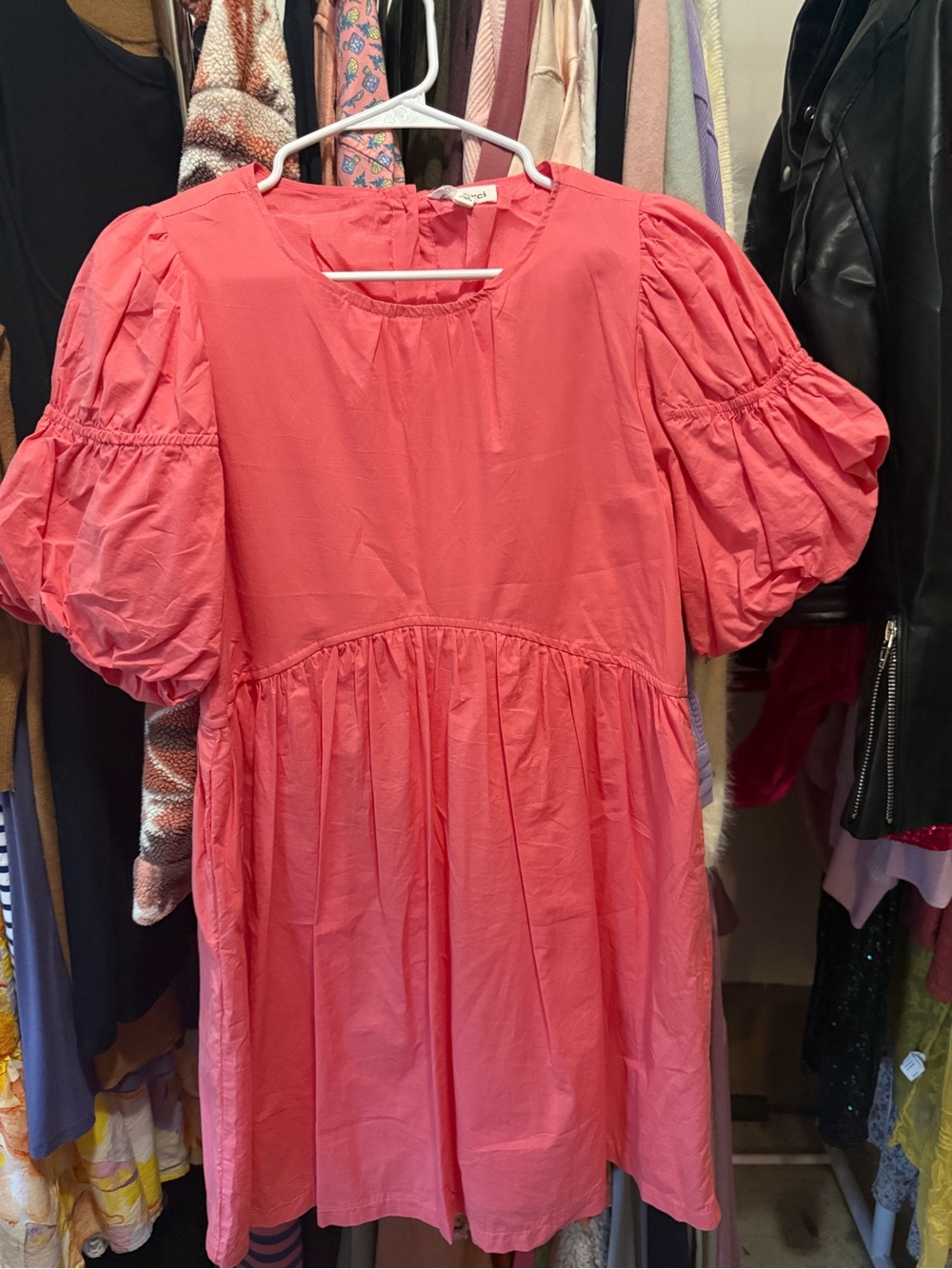 &Merci Puff Sleeve Coral Pink Babydoll Dress-Medium